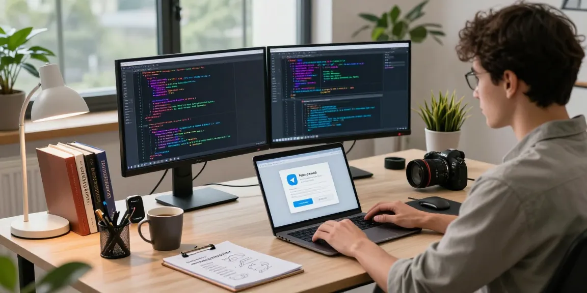 Developer engaging with Telegram download options in a modern tech workspace