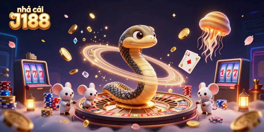 Engage in thrilling gaming at nhà cái J188 with vibrant visuals of slot reels, roulette, and sparkling gems.