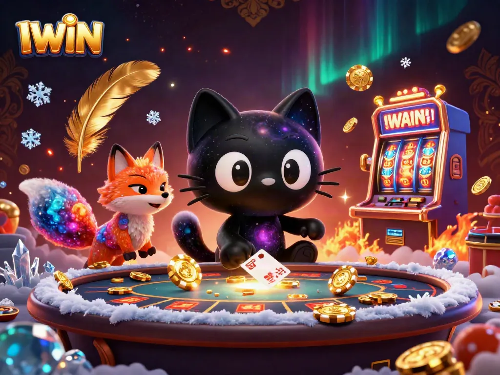 Engage with IWIN at a cosmic casino, featuring a black hole cat and vivid slot machines.