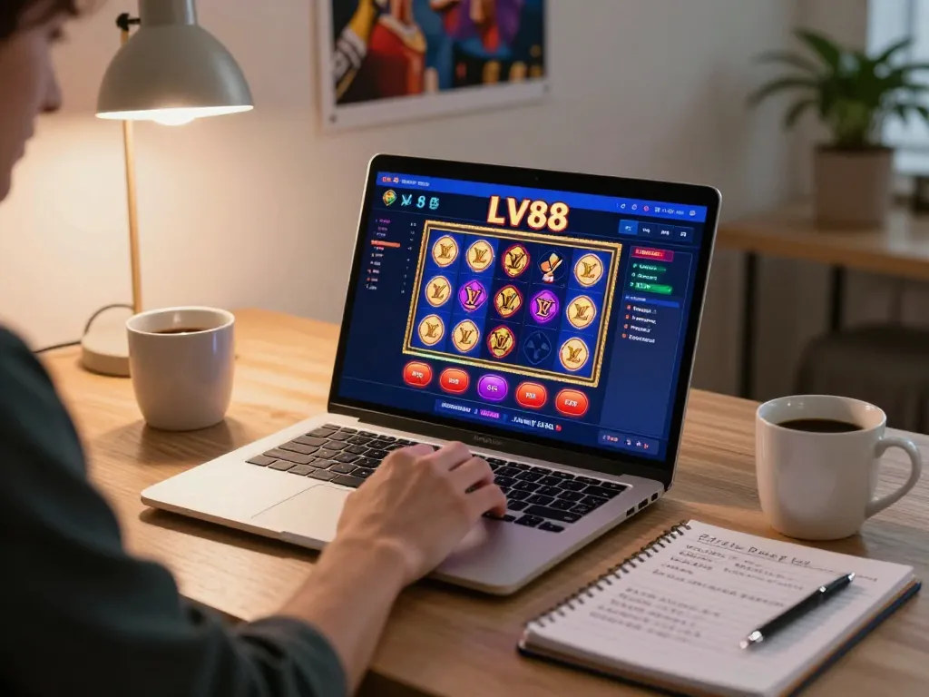 Engaged player exploring nhà cái lv88 online casino slot games on a laptop in a cozy home setup.