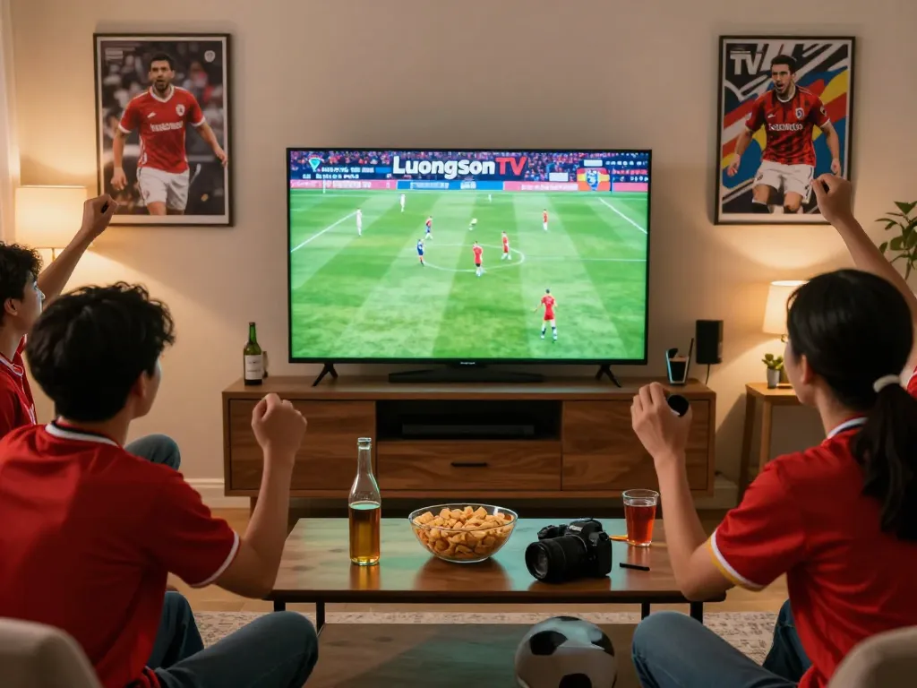 Football fans enjoying a live match on lương sơn tv in a cozy living room.