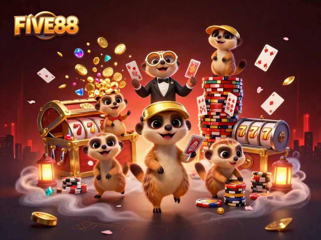 Engage with FIVE88's vibrant casino scene featuring dynamic meerkats delivering thrilling gaming experiences.