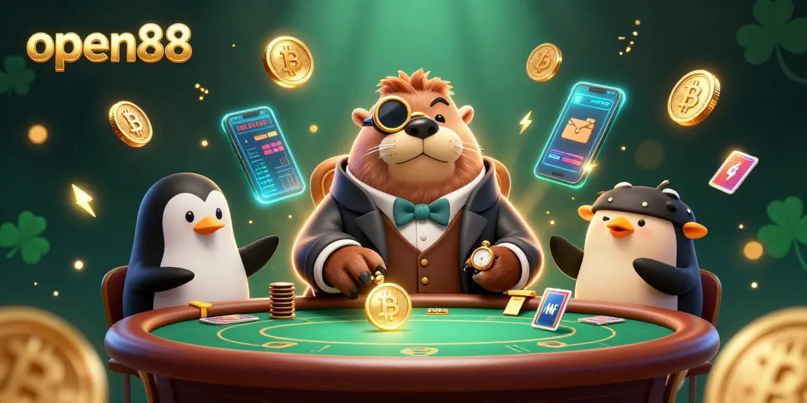 Engage in poker action at open88 with a jolly walrus and friends in an underwater casino setting.