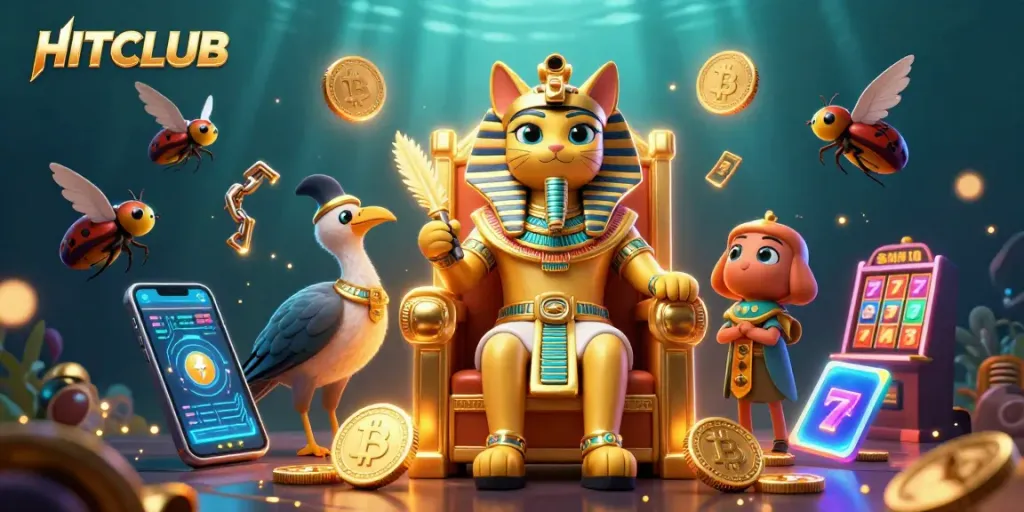 Engage with HITCLUB in a vibrant casino scene featuring Egyptian-themed characters and dynamic slot elements.
