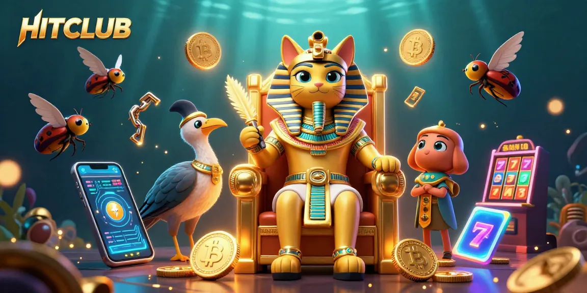 Engage with HITCLUB in a vibrant casino scene featuring Egyptian-themed characters and dynamic slot elements.
