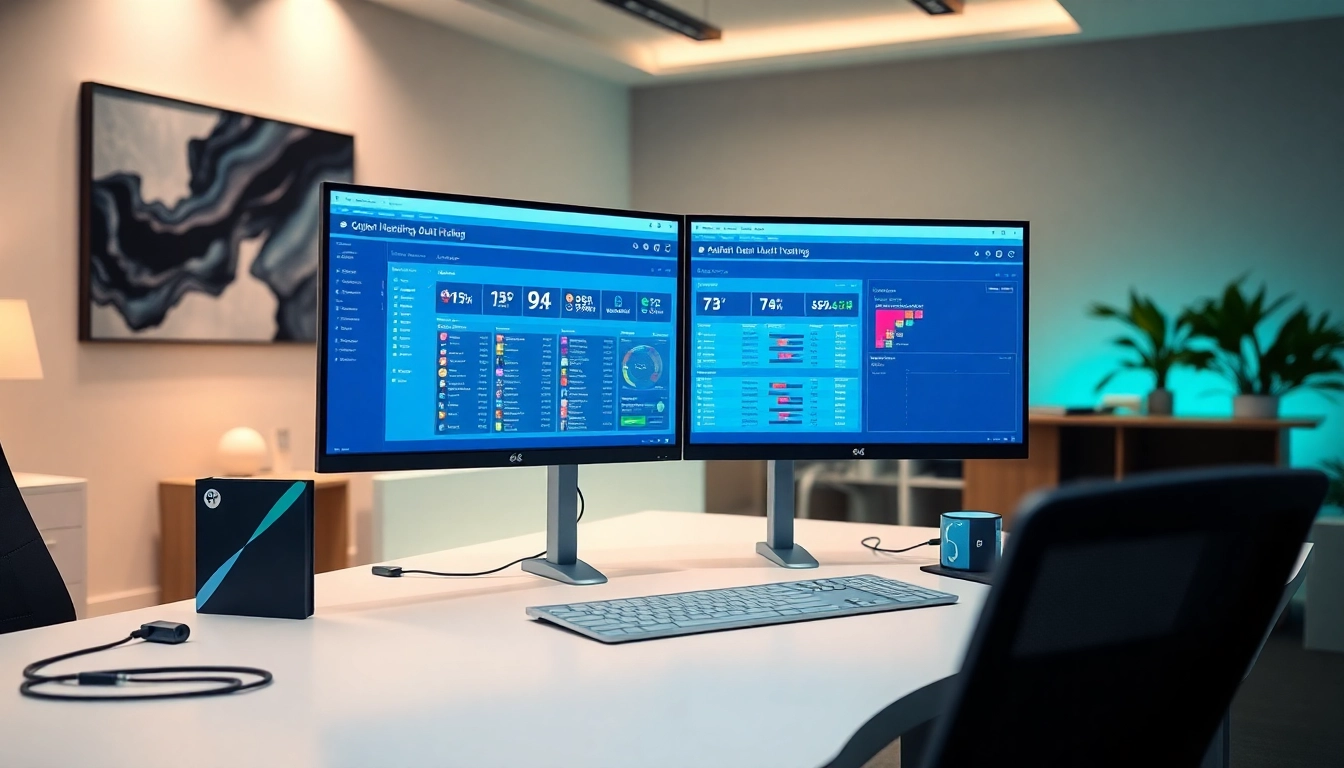 Efficient workspace for adult hosting with dual monitors displaying performance metrics and analytics.
