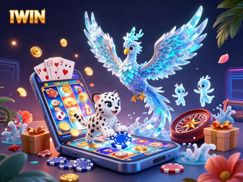 IWIN showcases a magical scene with an ice phoenix, poker chips, and vibrant casino elements.