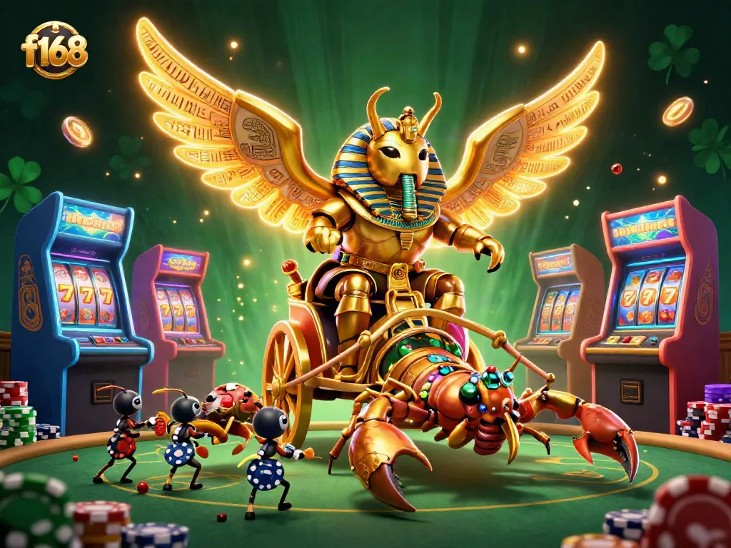 Experience thrilling casino action with f168's dynamic illustration of a golden scarab beetle and poker elements.