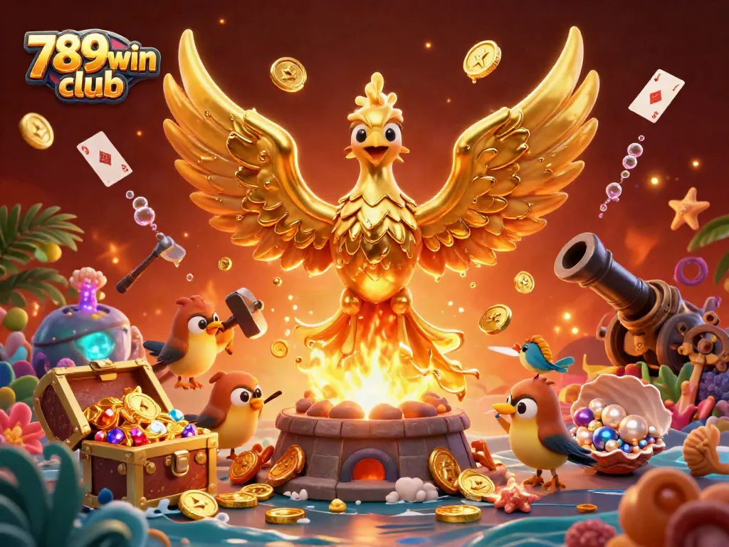 Enjoy exciting gaming moments at 789win club, featuring a dazzling golden phoenix illustration amidst vibrant casino treasures.