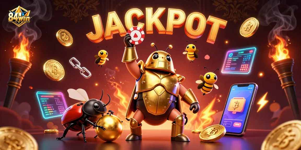 84win showcases the excitement of casino gaming with a victorious beetle and captivating jackpot elements.