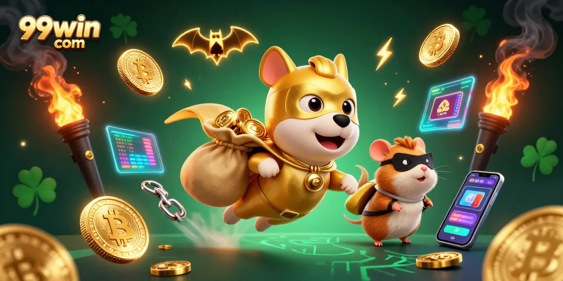 Win big with 99win com in this vibrant 3D illustration of a superhero dog flying with coins.