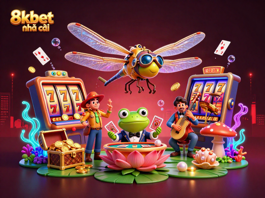 Experience the thrill of 8xbet nhà cái with this detailed casino scene featuring lively characters and slot games.