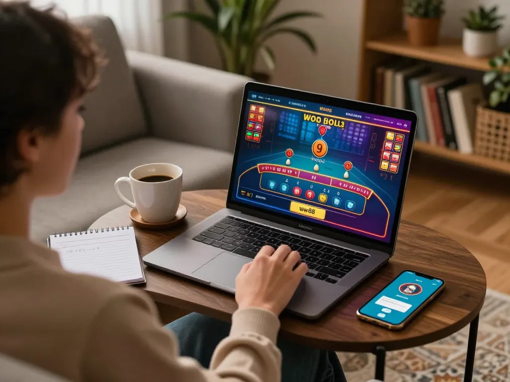 Player enjoying online casino games through the ww88 platform, coffee nearby in a cozy setting.