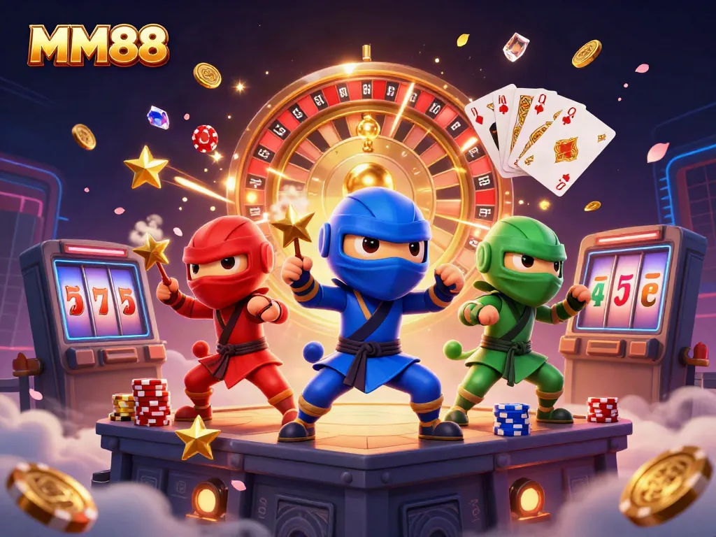 MM88's vibrant casino illustration featuring a ninja chameleon team amidst golden coins and a spinning roulette.