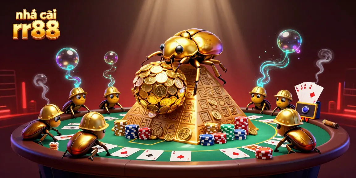 Experience the excitement at nhà cái rr88, where golden beetles roll coins amidst vibrant casino action.