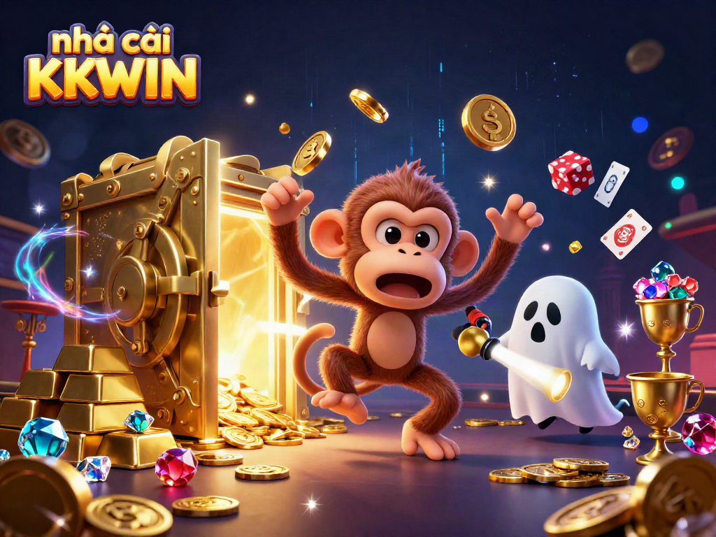 Engage in thrilling gameplay with nhà cái KKWIN's vibrant casino scene, featuring lively characters and golden treasures.