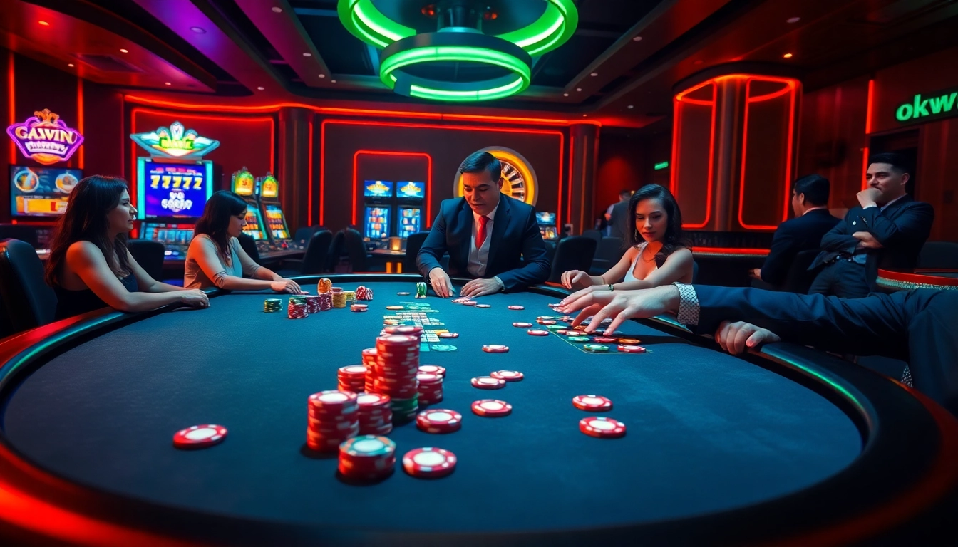 Players enjoying an exciting poker game at an okwin casino table.