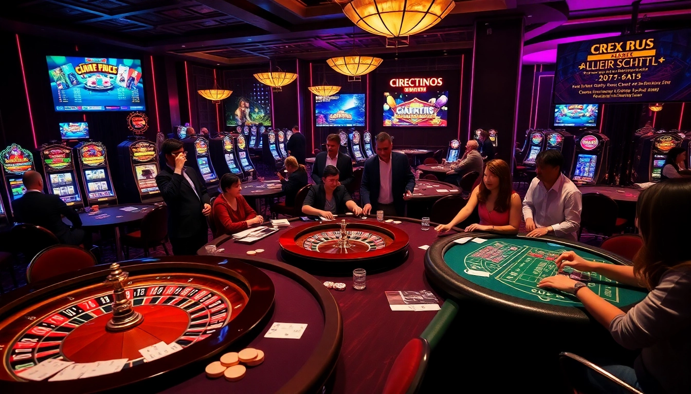 Gamblers enjoying the vibrant atmosphere at https://88vn.cn.com/ featuring dice, slot machines, and a roulette wheel.