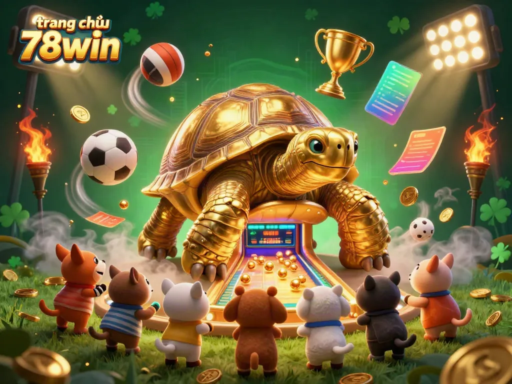 Engage with the fun-filled world of trang chủ 78win featuring a colossal golden tortoise and vibrant sports action.