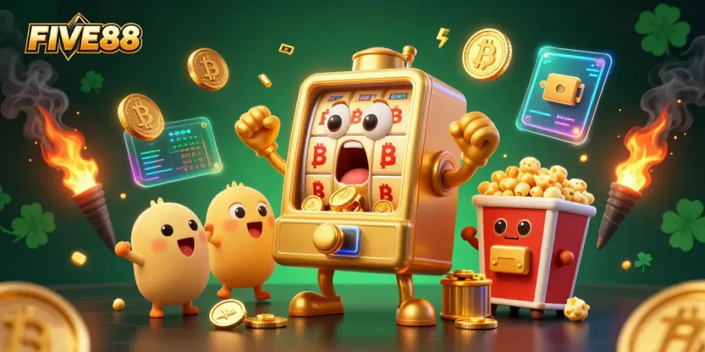 Win big with FIVE88's vivid slot machine scene celebrating jackpots with neon-style coins.