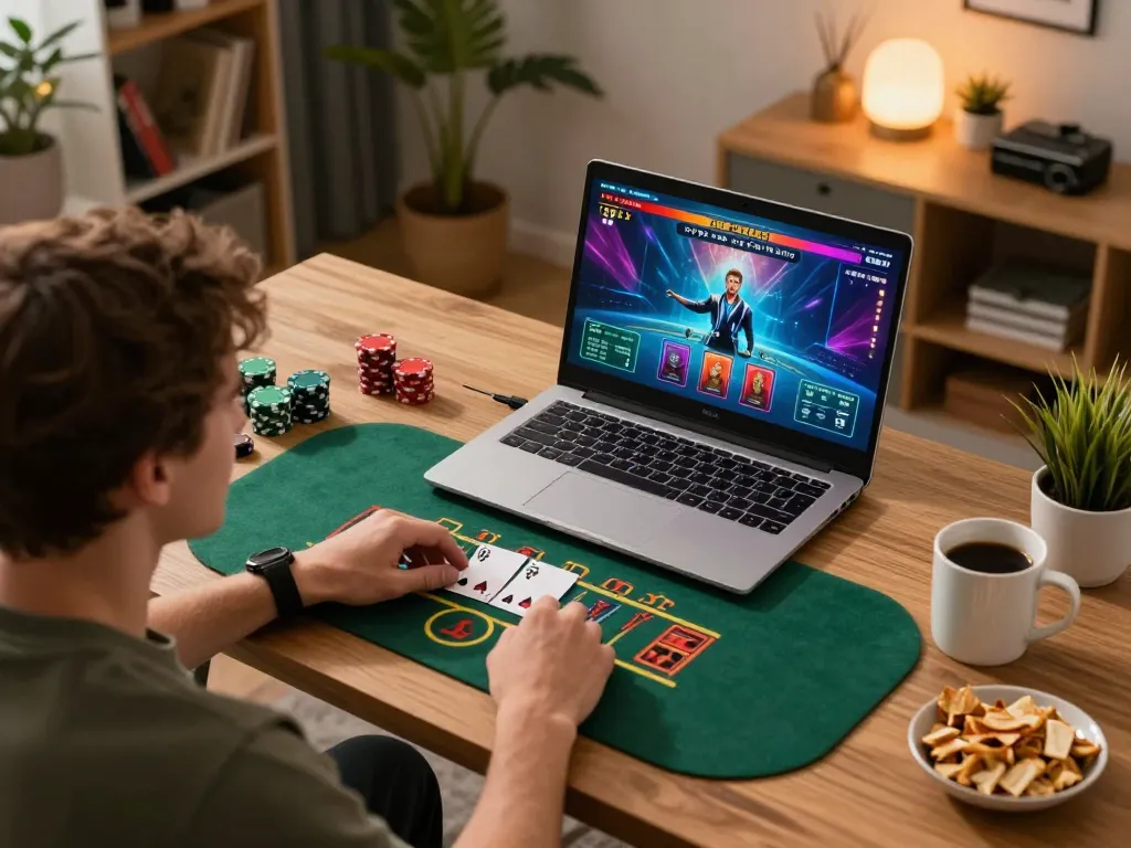 Player engaging in a live blackjack game on sam86, showcasing interactive gameplay on a laptop in a cozy home setup.