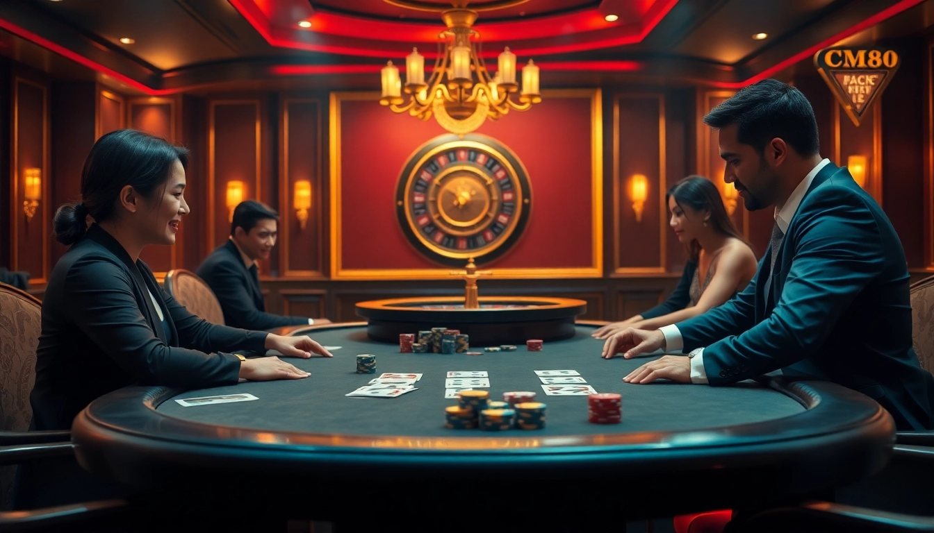 Experience the thrill of cm88 tải app with a vibrant casino scene showcasing poker and roulette excitement.