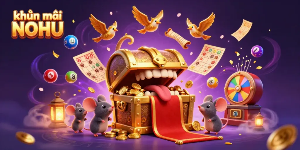 Experience the excitement of khuyến mãi NOHU with vibrant lottery elements and treasure offerings in this dynamic casino illustration.