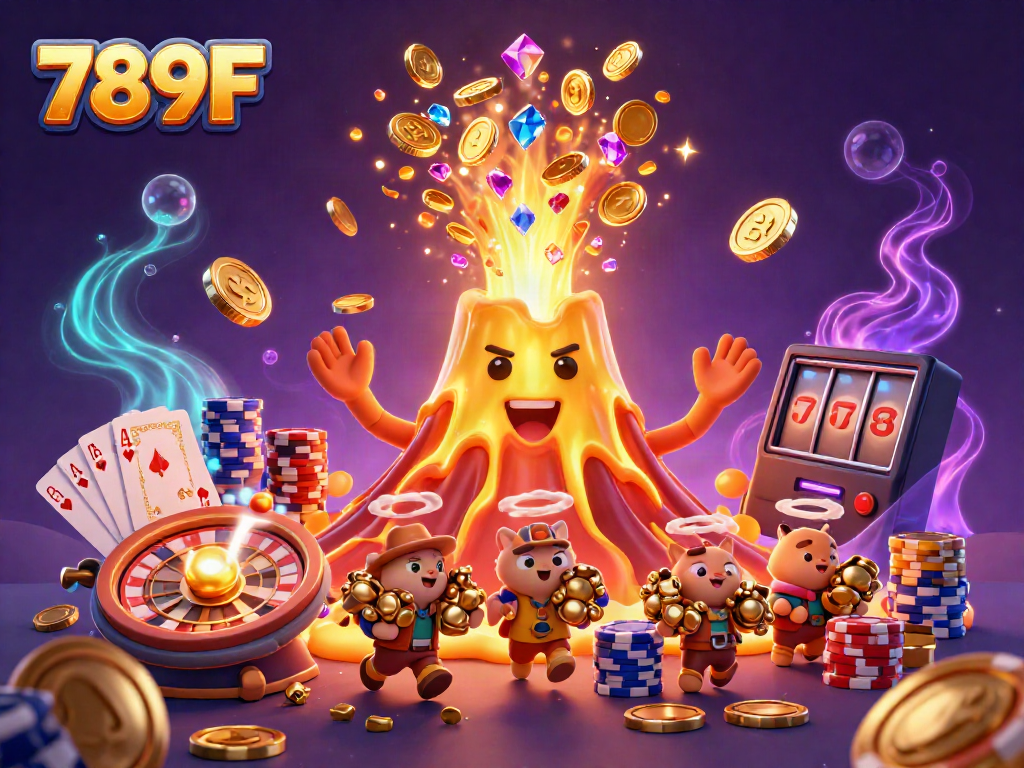 Experience casino thrills with 789F's vibrant 3D eruption of treasure and gaming elements.