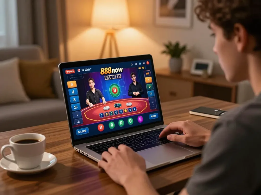 Player enjoying a live dealer game on 888now, showcasing strategic gameplay in a cozy home environment.