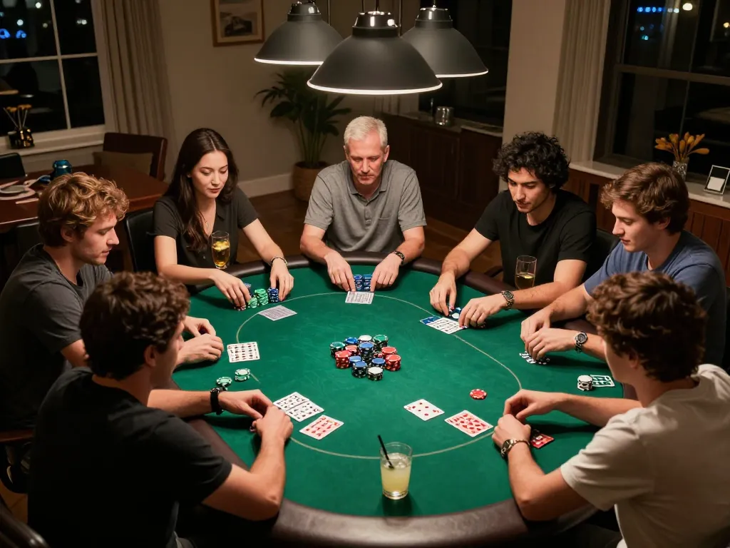 Players enjoying a home poker night at 33win1 with attentive gameplay and friendly atmosphere.