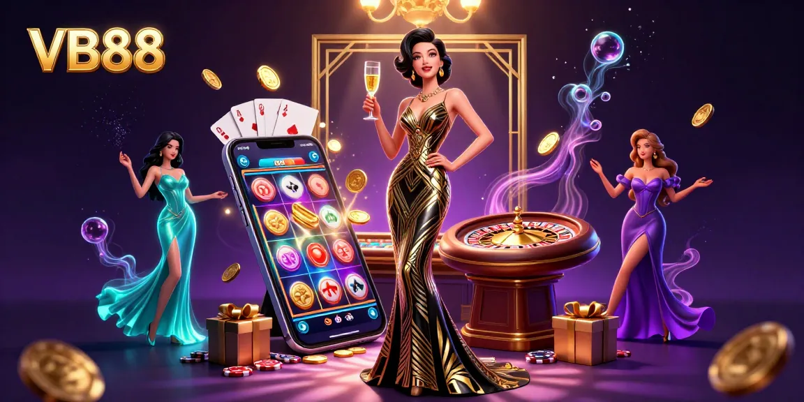 Experience the thrill of VB88 with a glamorous casino scene full of winning slots, roulette, and festive celebrations.