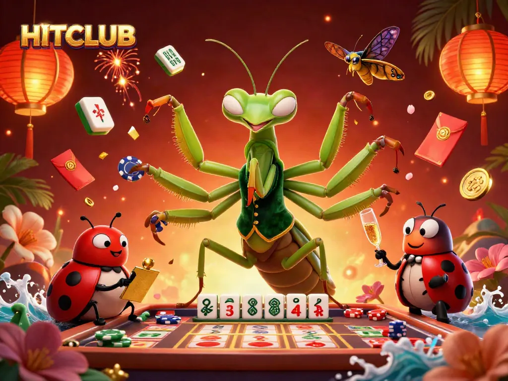 HITCLUB showcases vibrant online casino excitement with detailed elements and playful characters.