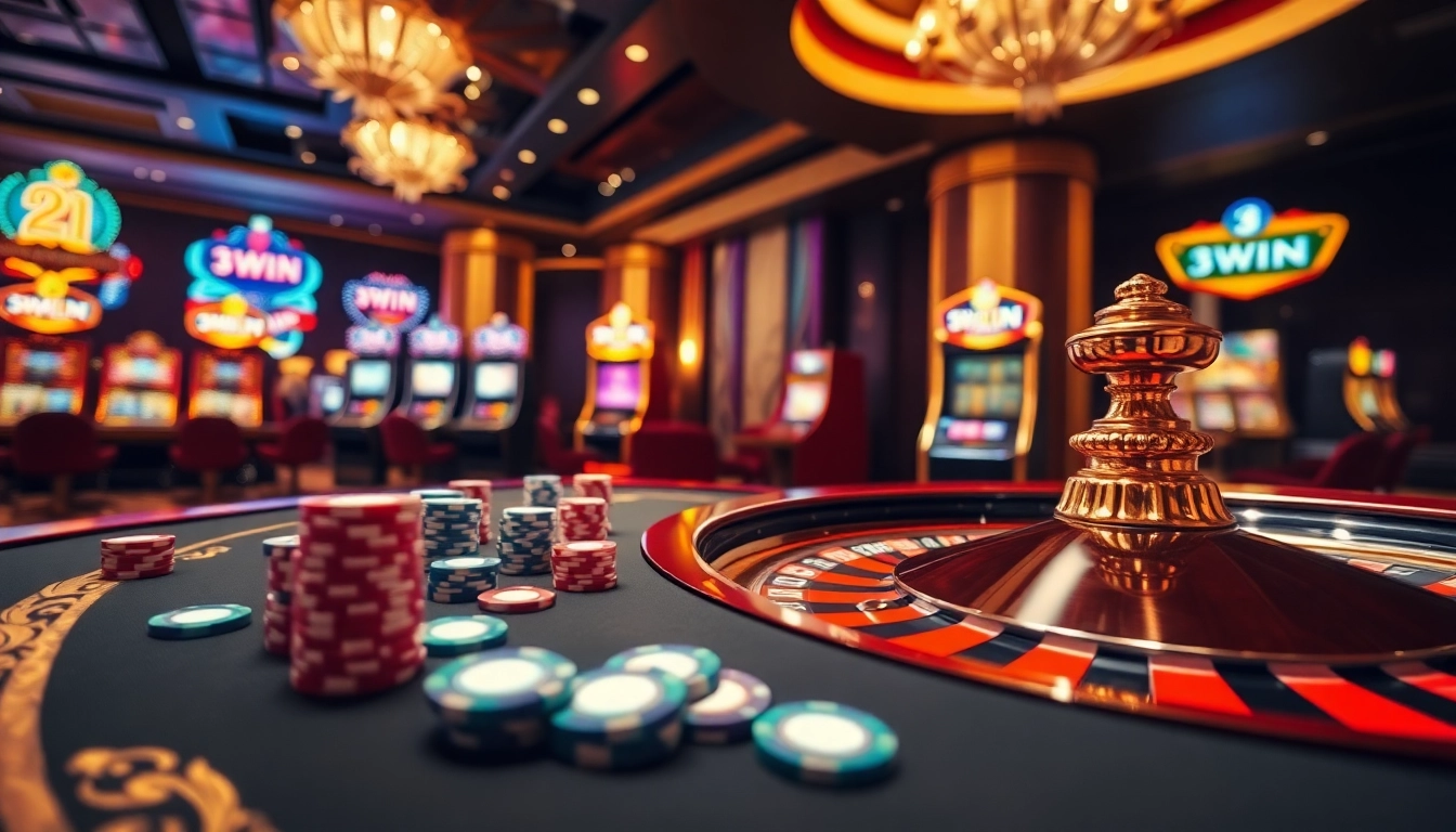 Experience the excitement of 3WIN at a luxurious casino table with bright slot machines and roulette.