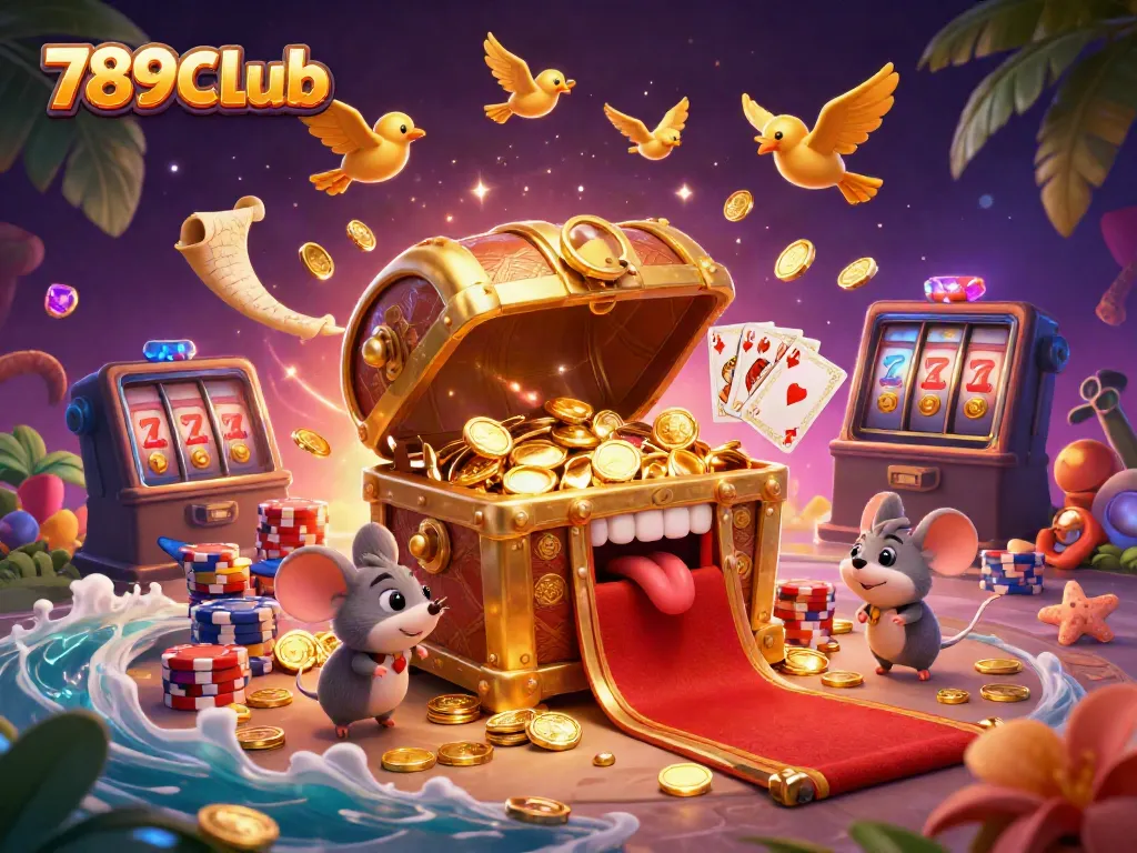 Engage with 789CLub's golden treasure chest enticing adventurer mice amid casino riches.