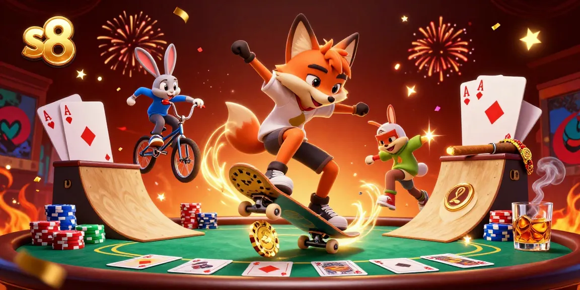 The s8 platform showcases a vibrant gaming scene with a skateboard fox and BMX rabbit amidst casino excitement.