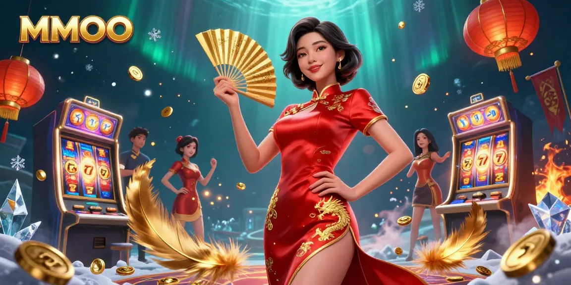 Play lucky MMOO slots in a vibrant, eye-catching Asian-themed casino illustration highlighting golden coins and lanterns.