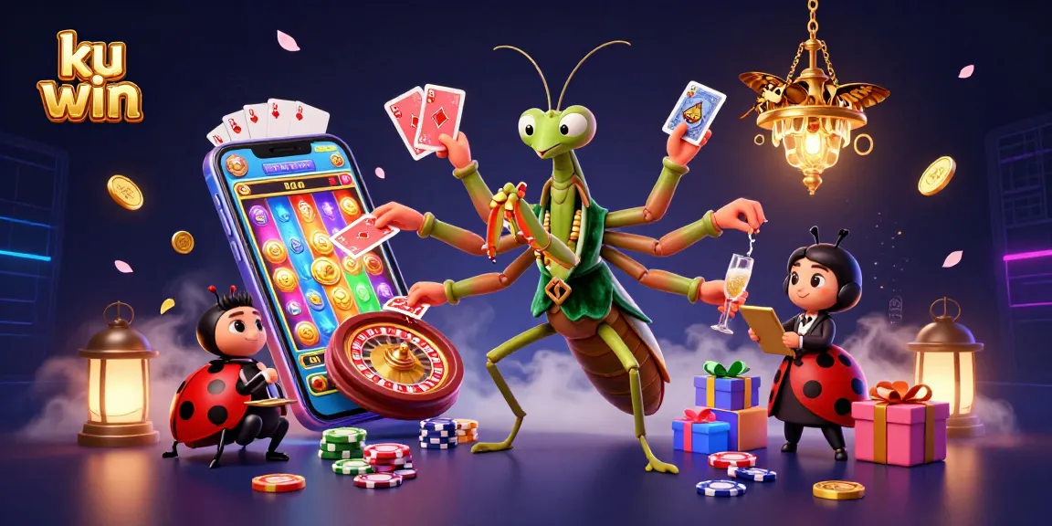 Engage in vibrant casino action with ku win, featuring a dynamic 3D mantis dealer and colorful game elements.