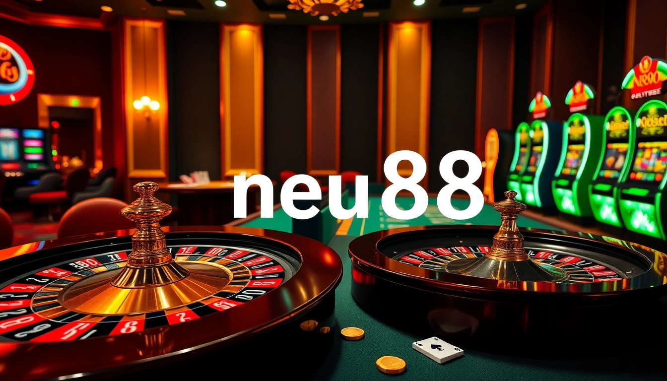 Experience high-stakes gambling at neu88 casino, featuring stunning roulette wheels and poker tables.