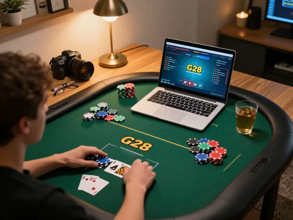 Engaged player enjoying a G28 poker game on a laptop in a cozy home setting.