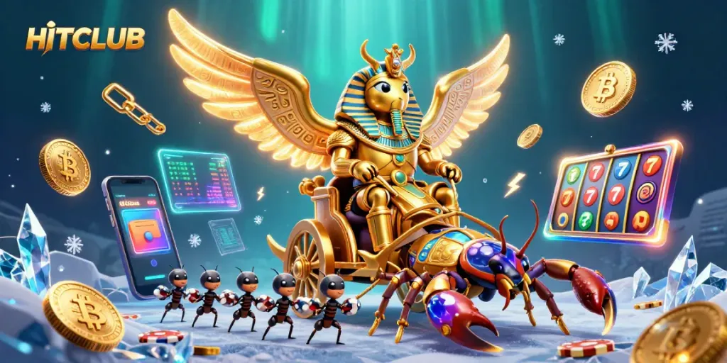 Engage with the vibrant HITCLUB scene of a golden scarab beetle, scorpions, and poker chips amidst colorful slot reels.
