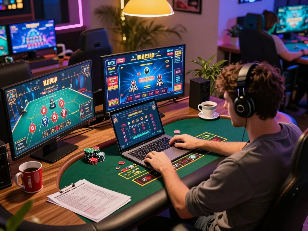 Engaged player on https://www.mnm88.com/ enjoying live dealer blackjack at a cozy home setup, with colorful screens and warm ambiance.
