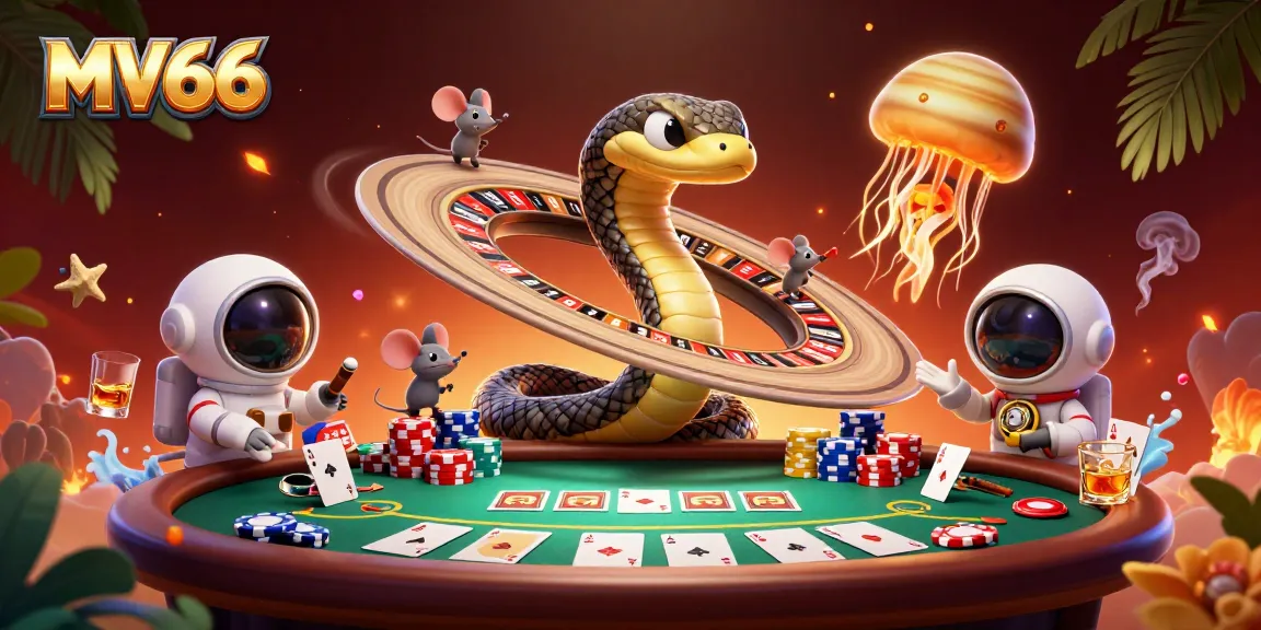 Experience the captivating MV66 gaming universe with a cosmic roulette scene and vibrant casino elements.
