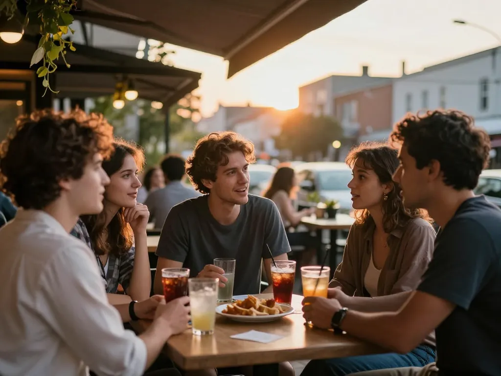 A group of friends discussing a crush on someone at a trendy café