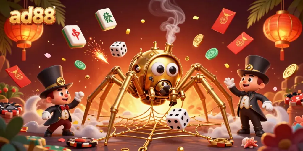 Engage in thrilling gameplay at ad88, featuring a whimsical steampunk spider and lucky symbols.