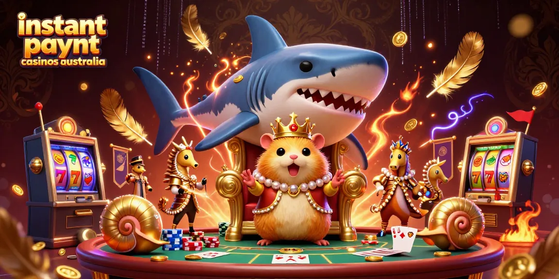 Experience instant payout casinos Australia with vibrant 3D casino scene featuring a golden hamster king.