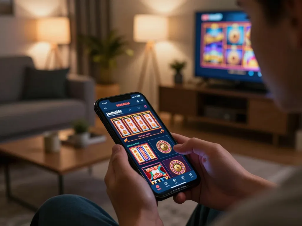 Player enjoying Hello88 com mobile app for casino gaming, showcasing vibrant slot graphics and a cozy atmosphere.