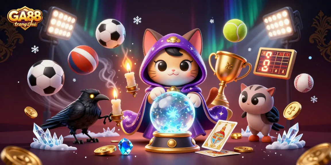 Engage with thrilling gameplay at GA88 trang chủ, featuring a mystic cat, tarot raven, and dynamic sports betting action.