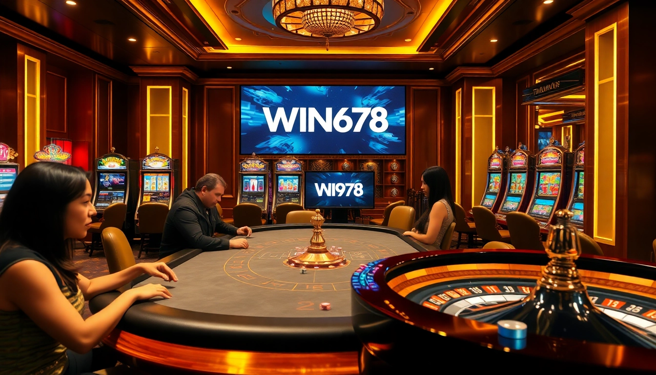 Experience the thrill of WIN678 at a bustling casino featuring poker tables and vibrant slot machines.