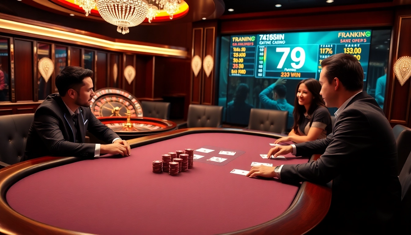 Players strategizing at the poker table in an elegant casino setting at 79win.