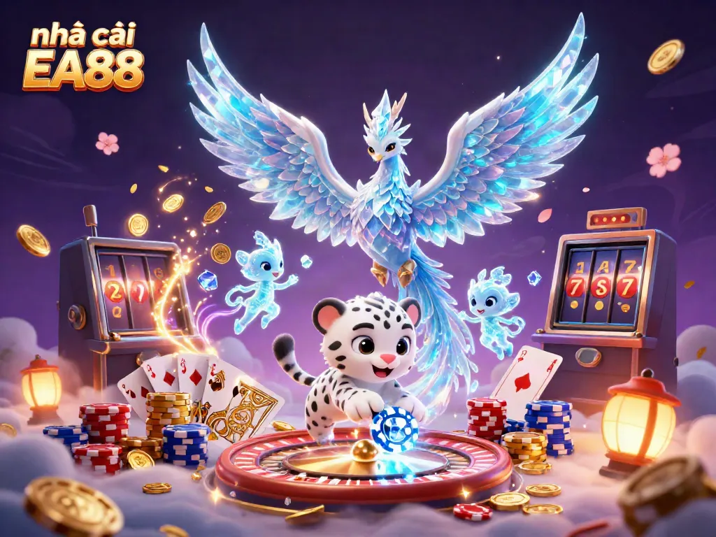 Experience the excitement of nhà cái EA88 with this vibrant 3D casino scene featuring dynamic game elements.